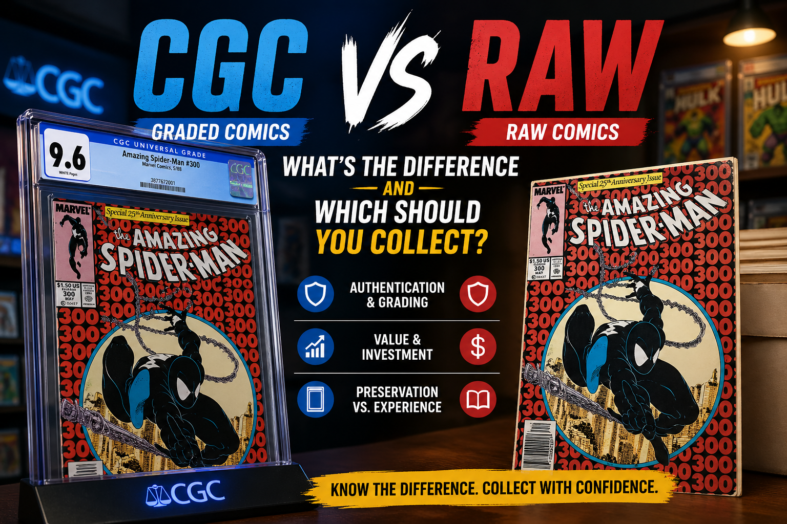 CGC vs raw comics comparison showing graded comic in slab versus ungraded comic highlighting differences in value, protection, and collecting strategy