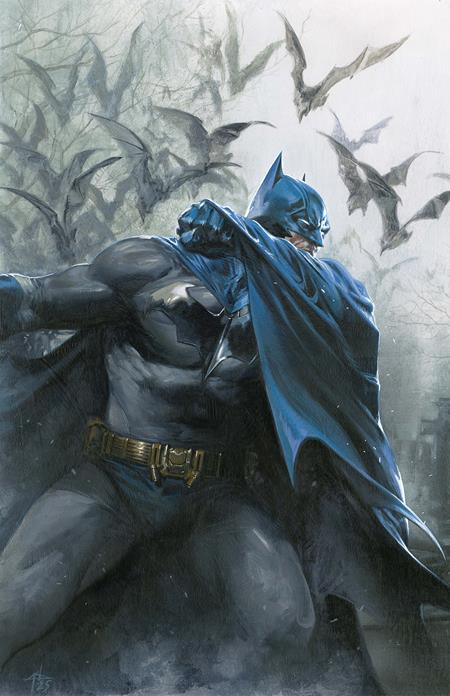 Batman in a dynamic pose with bats flying around him