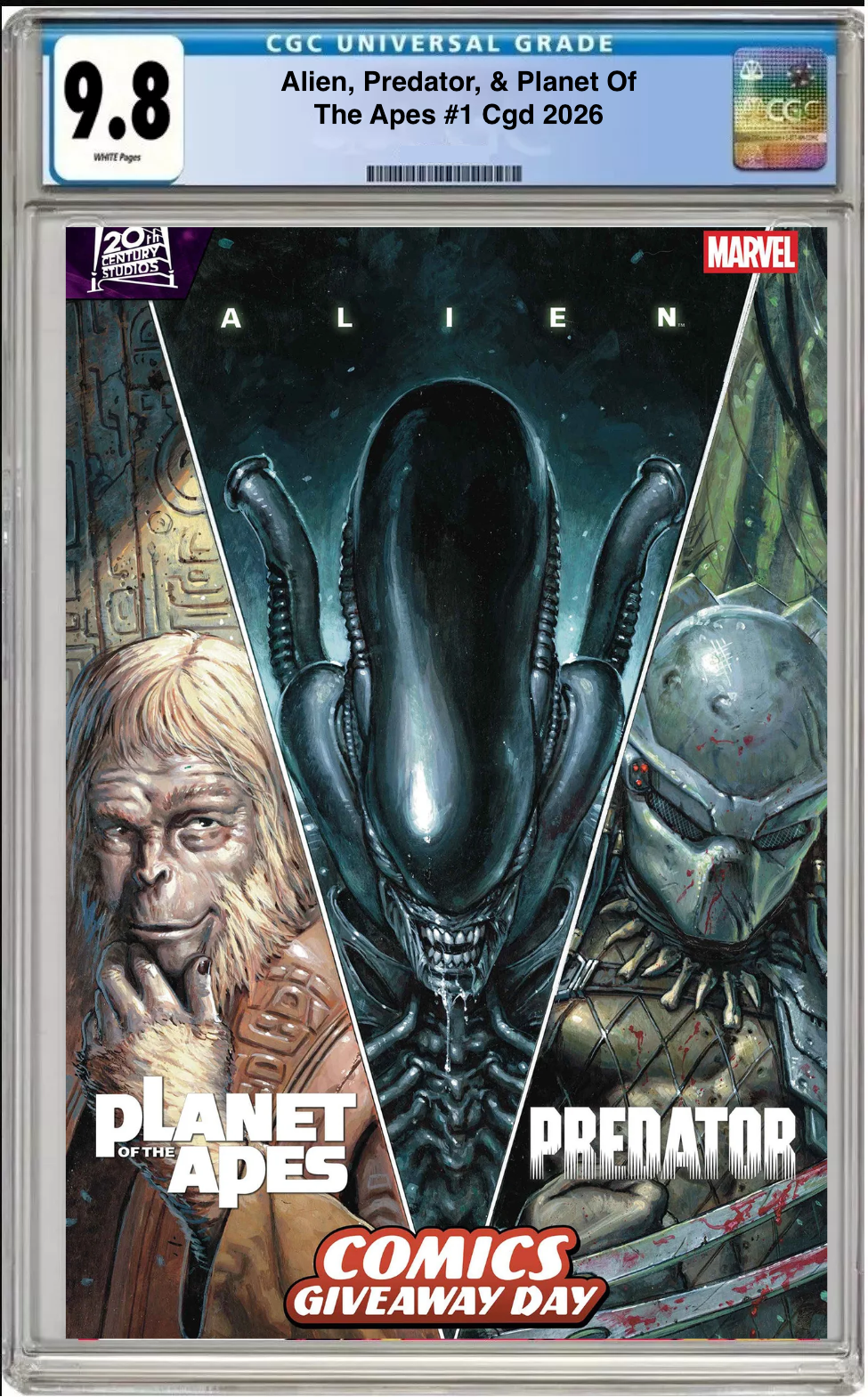 Comic book cover of Alien Predator Planet of the Apes #1 CGD 2026 with CGC grading label.