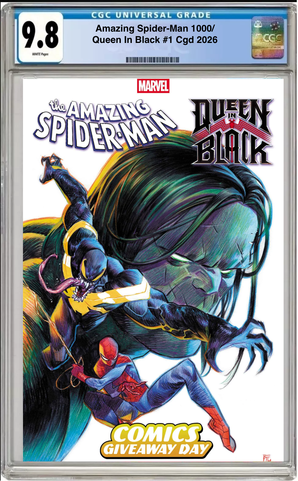 Comic book cover of Amazing Spider-Man #1000 Queen in Black #1 CGD 2026 with CGC grading label.