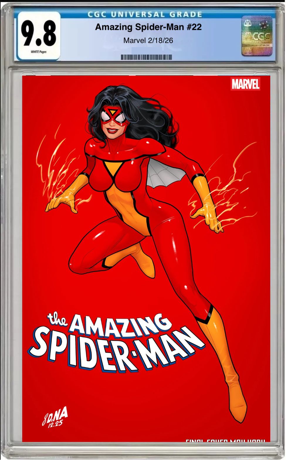 Comic book cover of Amazing Spider-Man #22 David Nakayama Color Block Red Cover with CGC grading label.