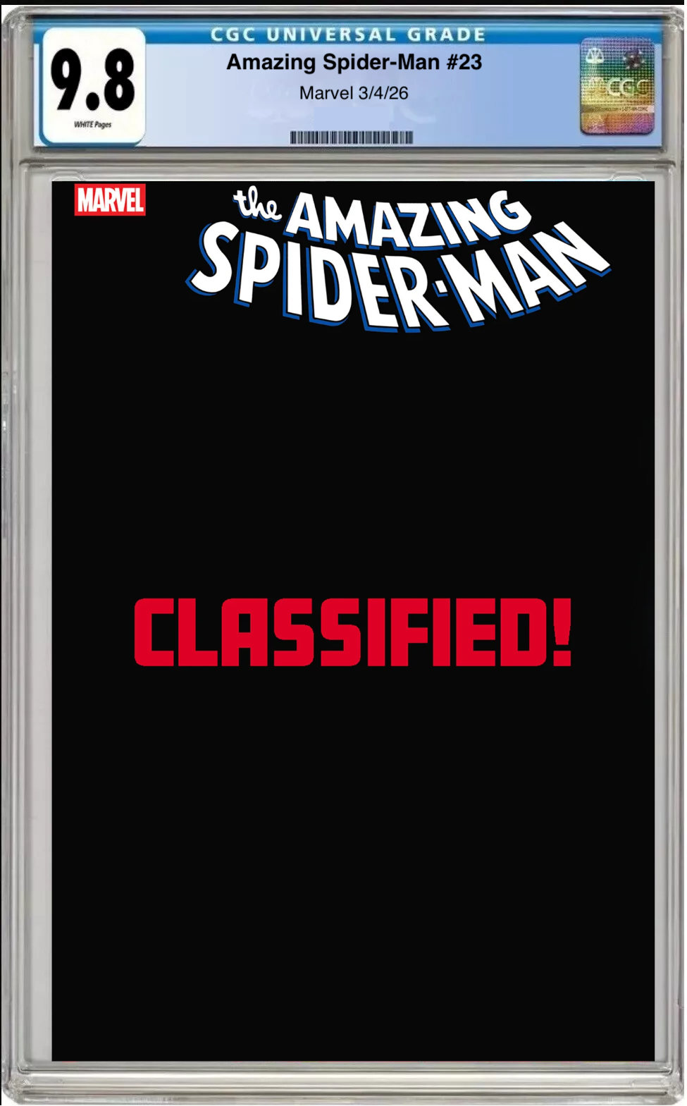 Comic book cover of Amazing Spider-Man #23 Mark Bagley Classified Target Cover with CGC grading label.