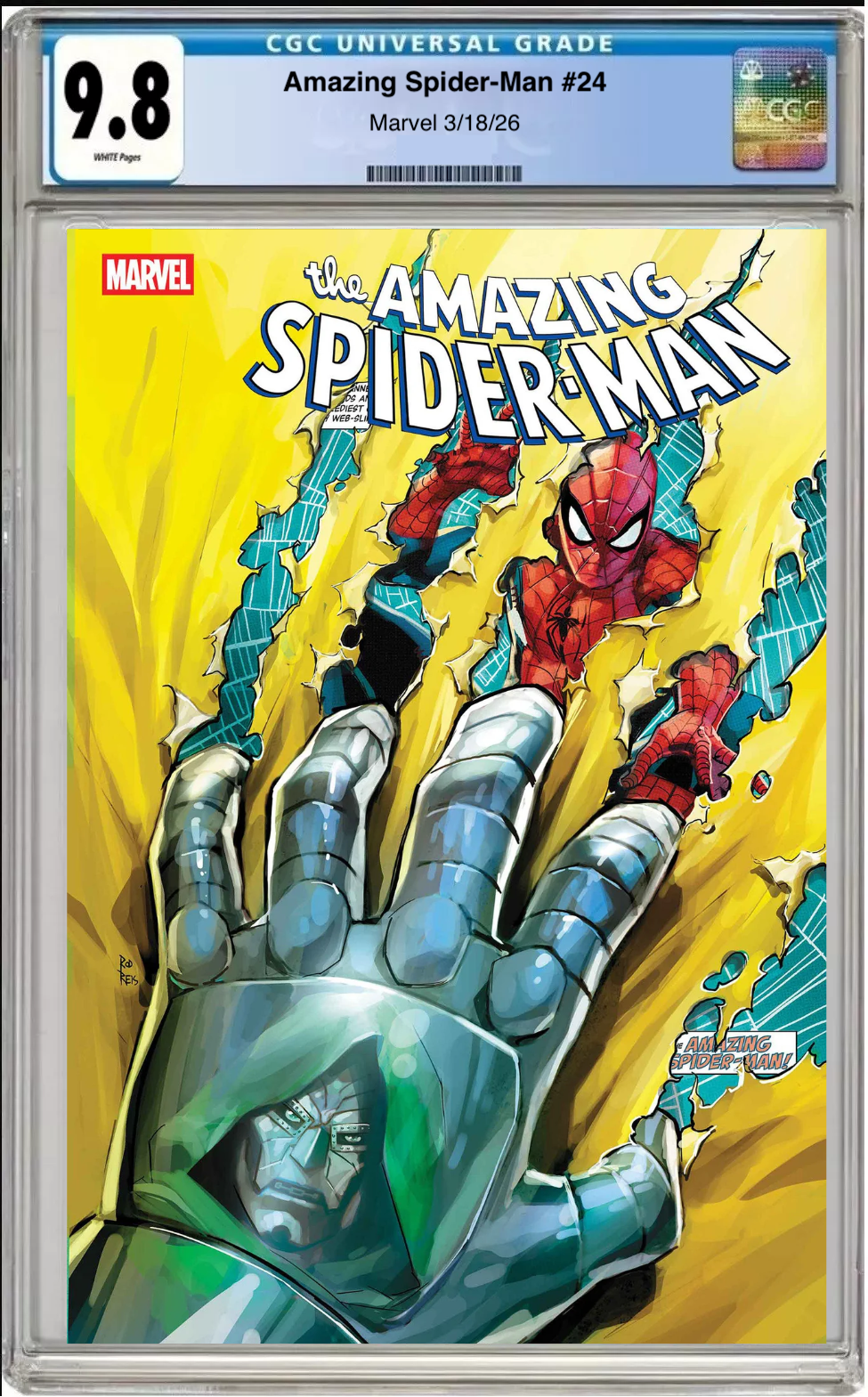Comic book cover of Amazing Spider-Man #24 Rod Reis Doom Homage Cover with CGC grading label.