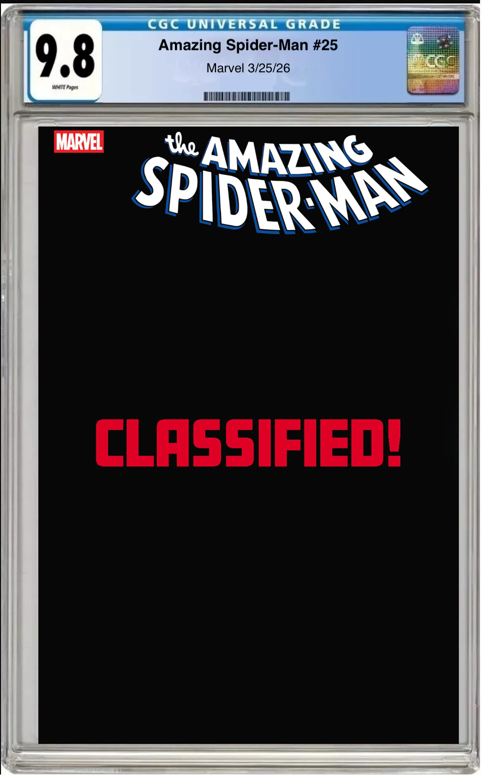 Comic book cover of Amazing Spider-Man #25 Mark Bagley Classified Target Cover with CGC grading label.