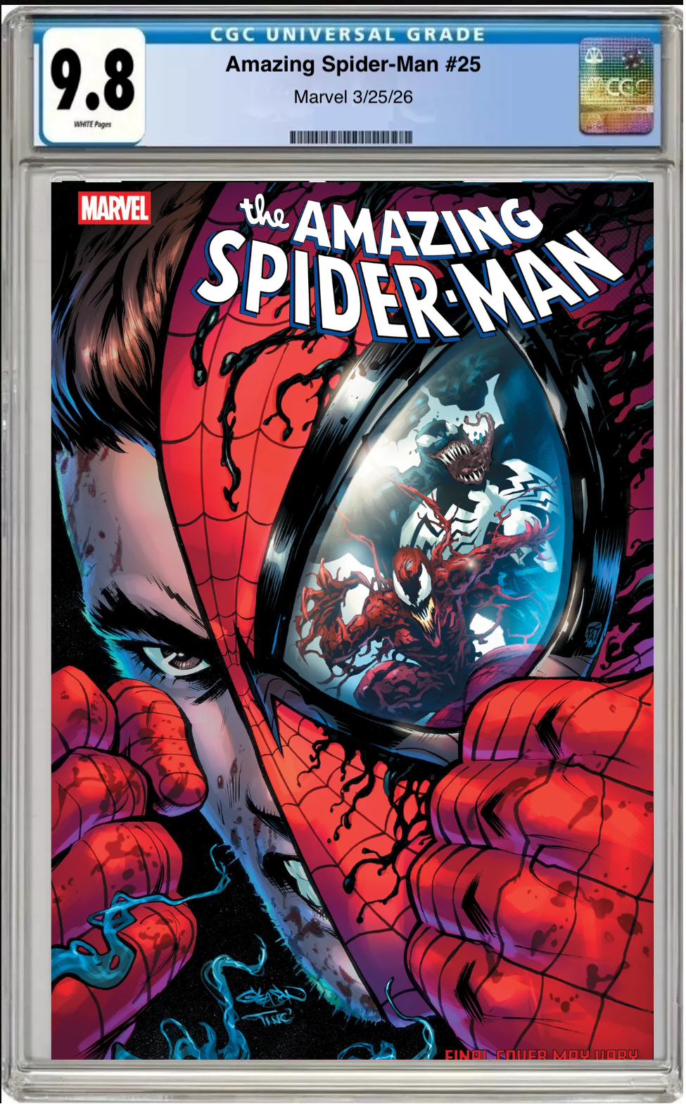 Comic book cover of Amazing Spider-Man #25 Patrick Gleason Foil Cover with CGC grading label.