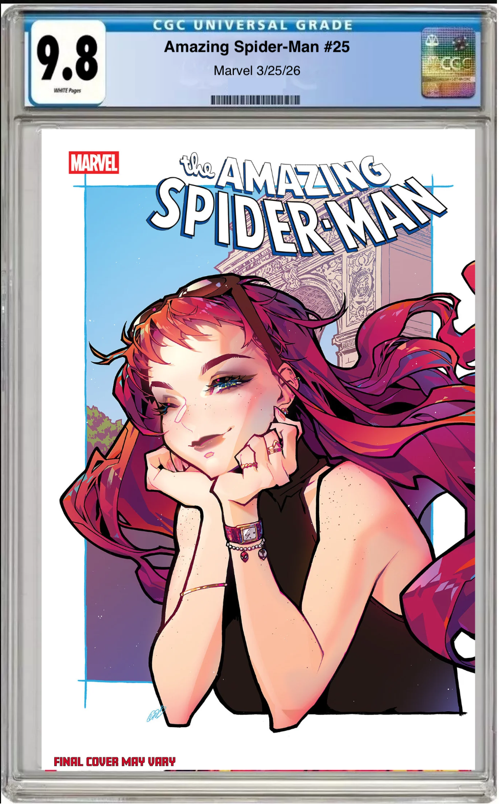 Comic book cover of Amazing Spider-Man #25 Rose Besch Cover with CGC grading label.