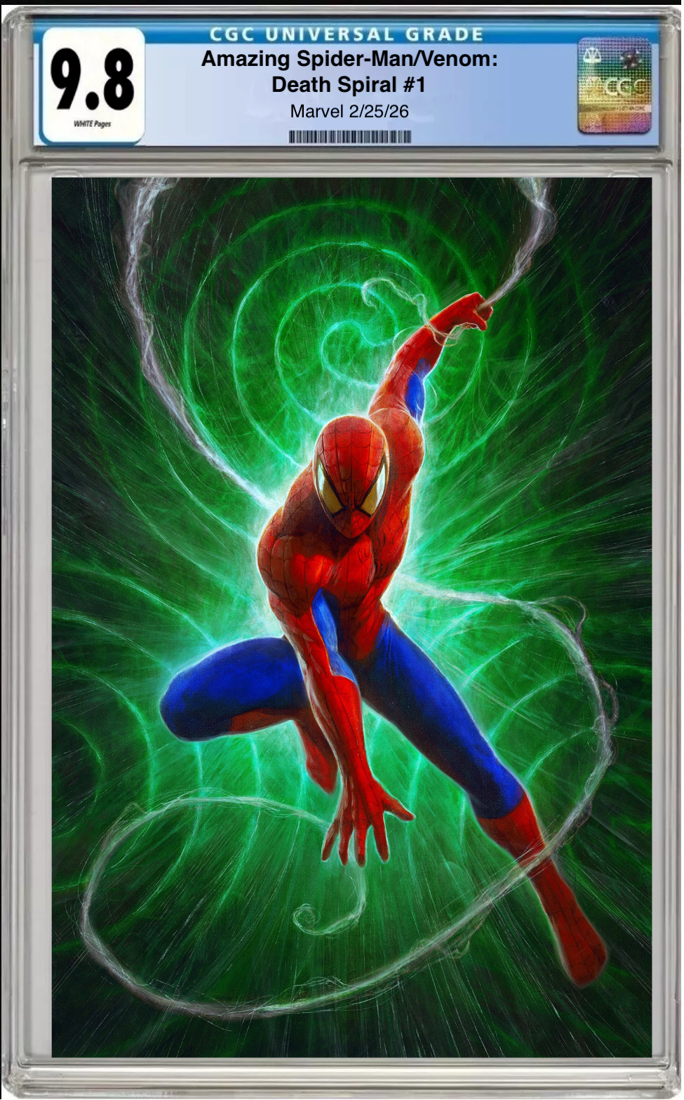 Comic book cover of Amazing Spider-Man / Venom: Death Spiral #1 Dave Rapoza Spider-Man Full Art Cover with CGC grading label.