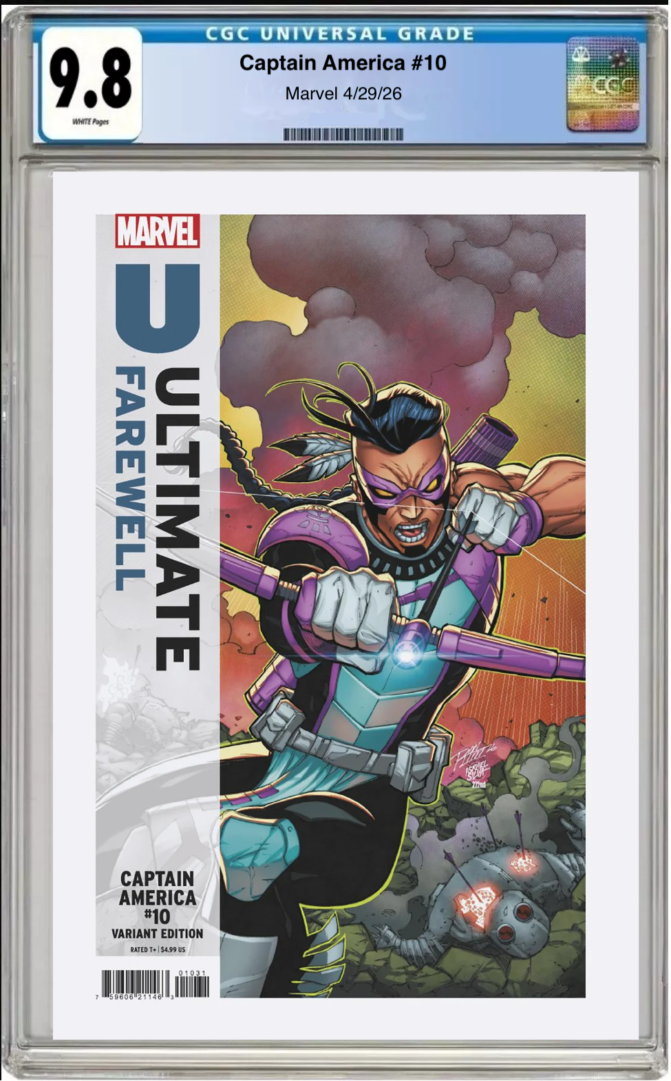 Comic book cover of Captain America #10 Ron Lim Ultimate Farewell variant with CGC 9.8 grading label.