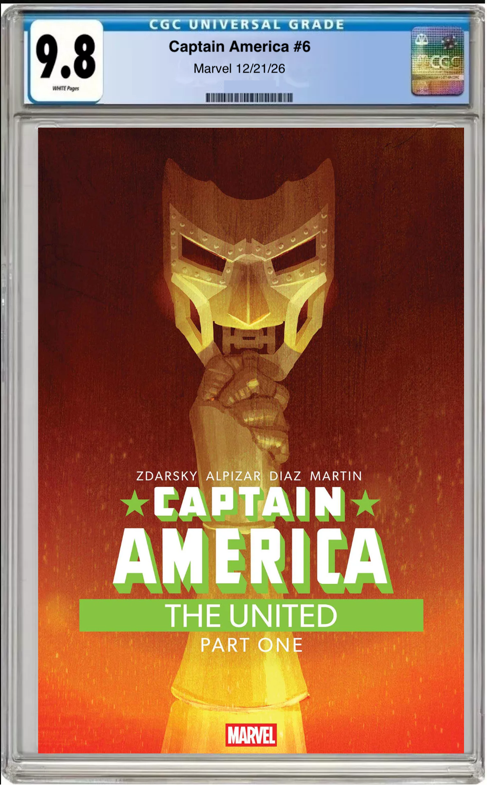 Comic book cover of Captain America #6 Chip Zdarsky Spoiler Cover with CGC grading label.