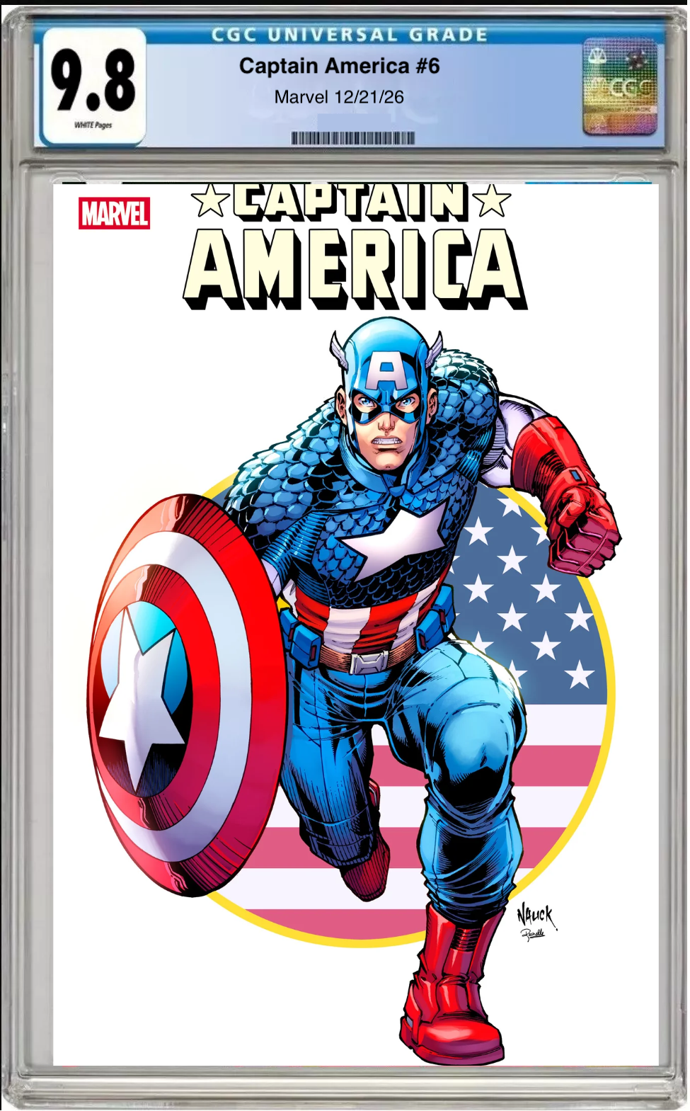 Comic book cover of Captain America #6 Todd Nauck Iconic Cover with CGC grading label.