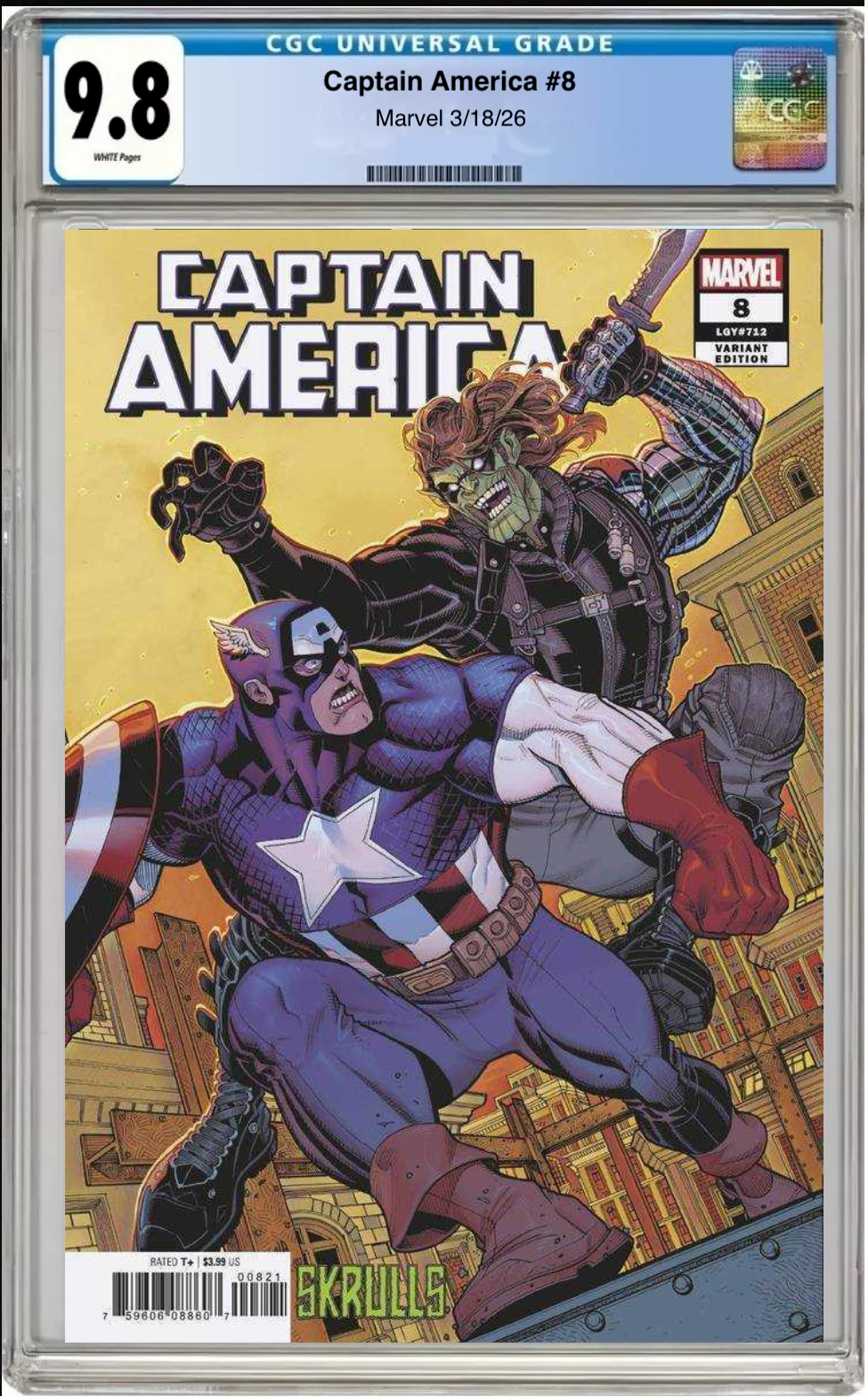 Comic book cover of Captain America #8 Larraz Skrulls Cover with CGC grading label.