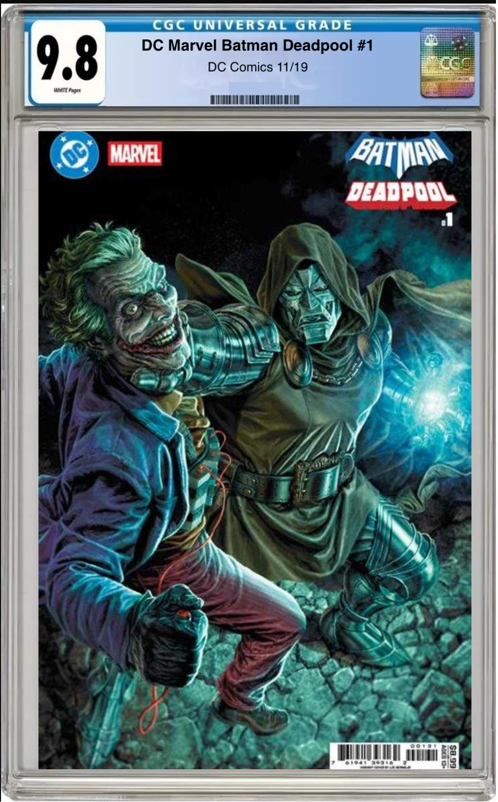 Comic book cover of DC/Marvel: Batman/Deadpool #1 Joker & Doctor Doom Cover with CGC grading label.
