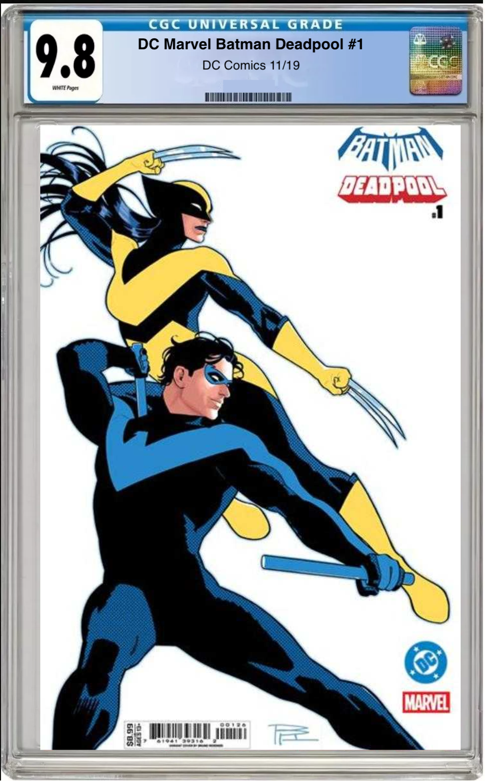 Comic book cover of DC/Marvel: Batman/Deadpool #1 Nightwing & X-23 Cover with CGC grading label.