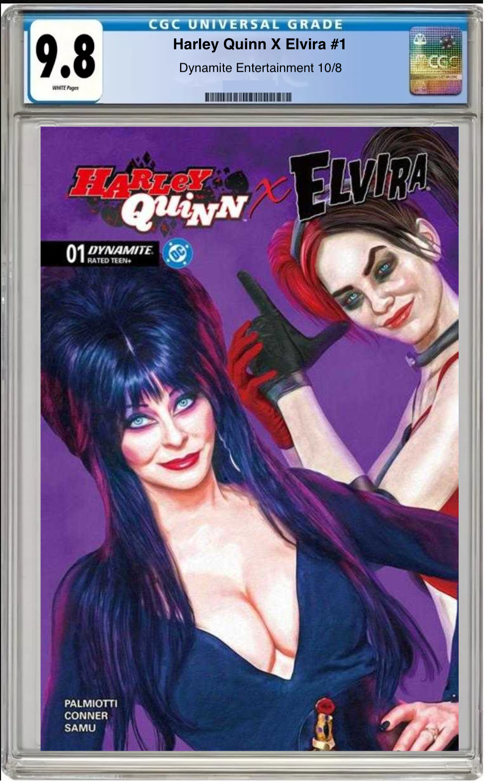 Comic book cover of Harley Quinn x Elvira #1 Mark Spears Foil Cover with CGC grading label.