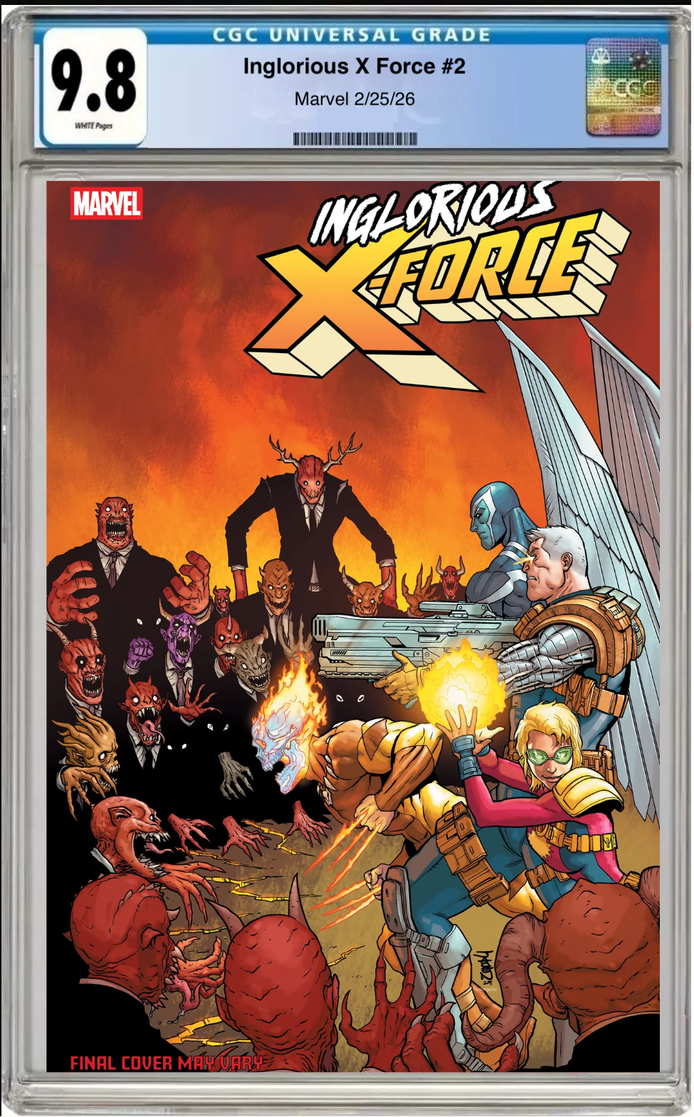 Comic book cover of Inglorious X-Force #2 Jacen Burrows Cover with CGC grading label.