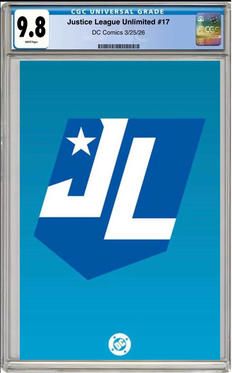 Comic book cover of Justice League #17 Symbol Cover with CGC grading label.