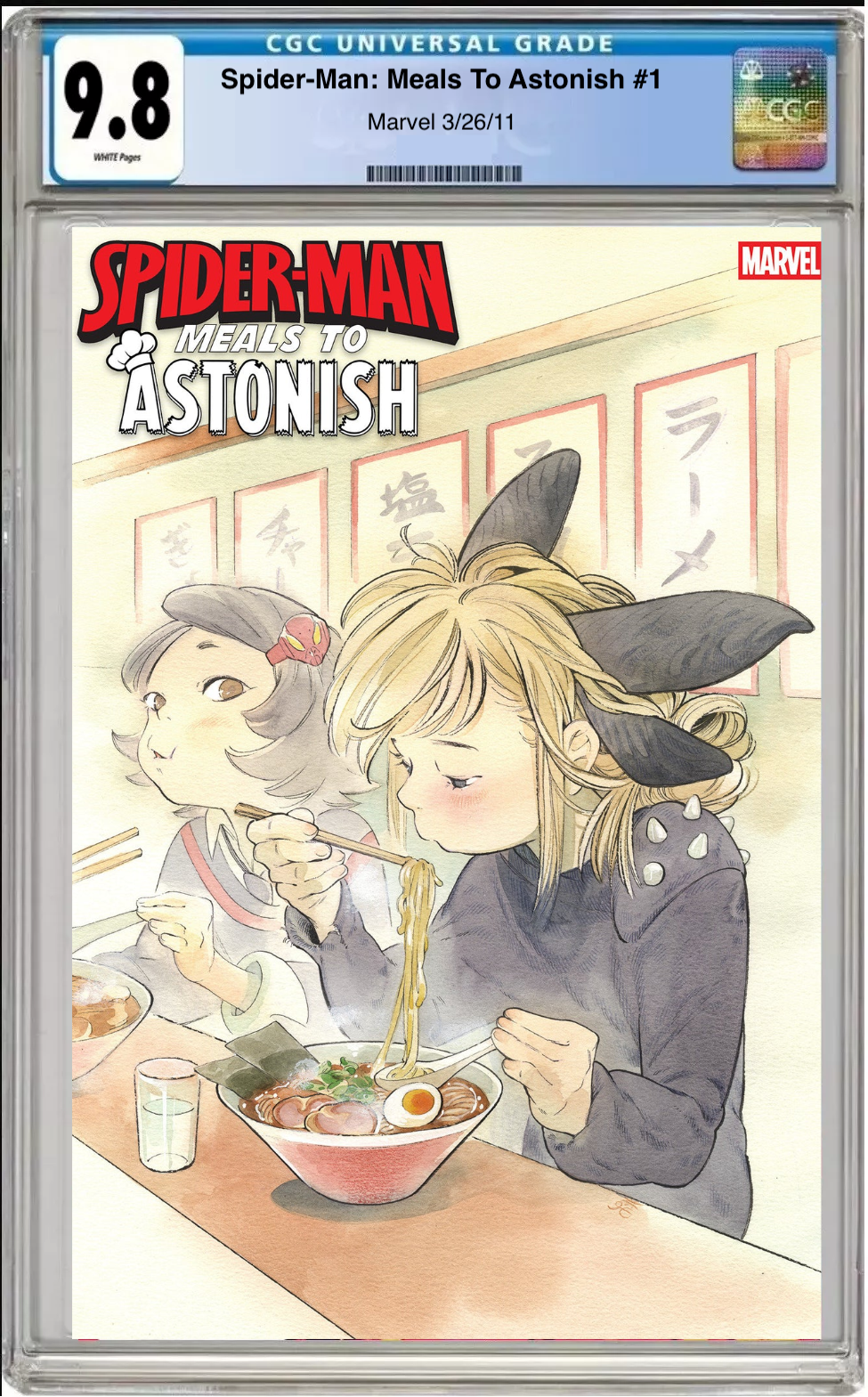 Comic book cover of Spider-Man: Meals to Astonish #1 Peach Momoko Cover with CGC grading label.