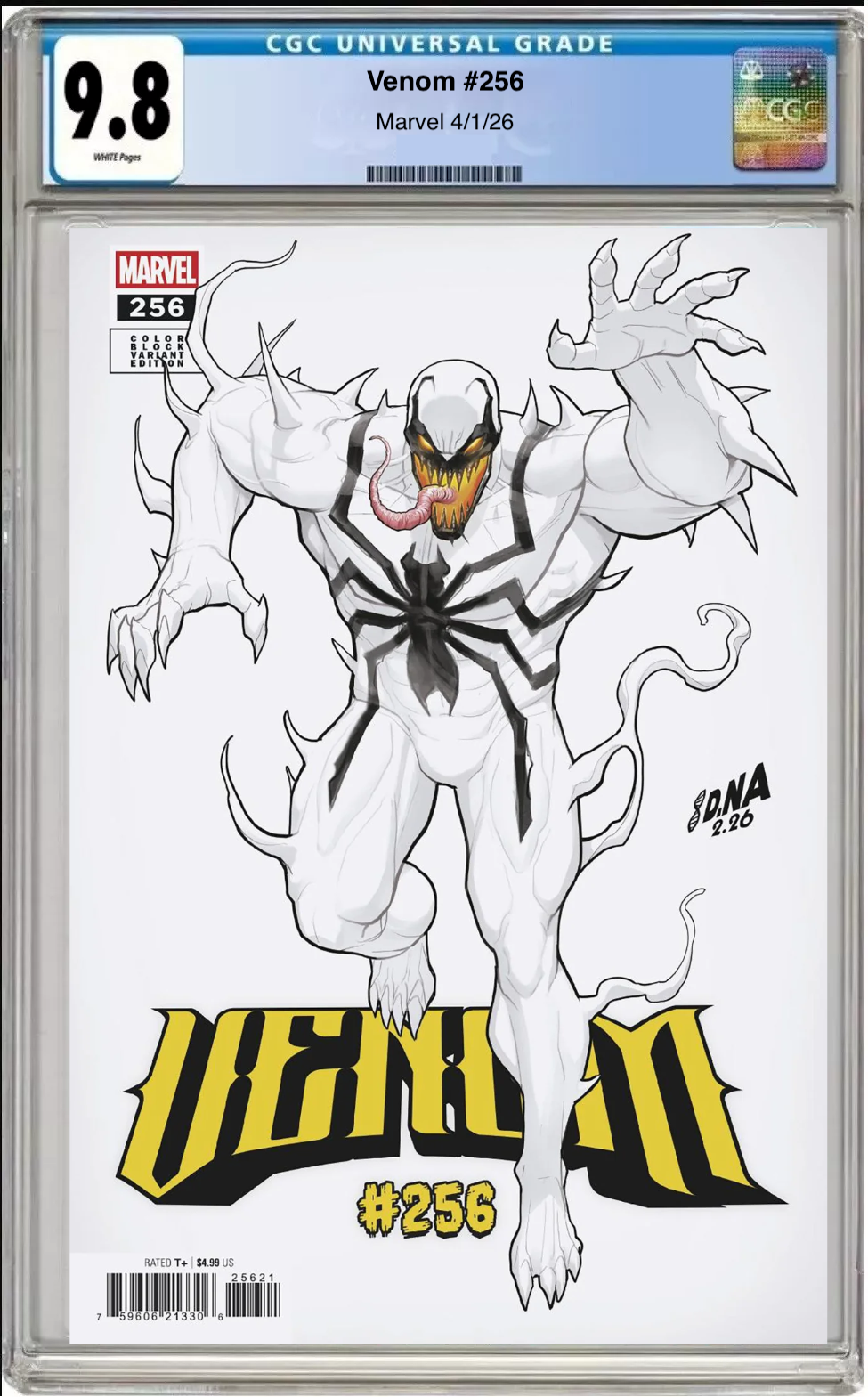 Comic book cover of Venom #256 David Nakayama Color Block White Cover with CGC grading label.