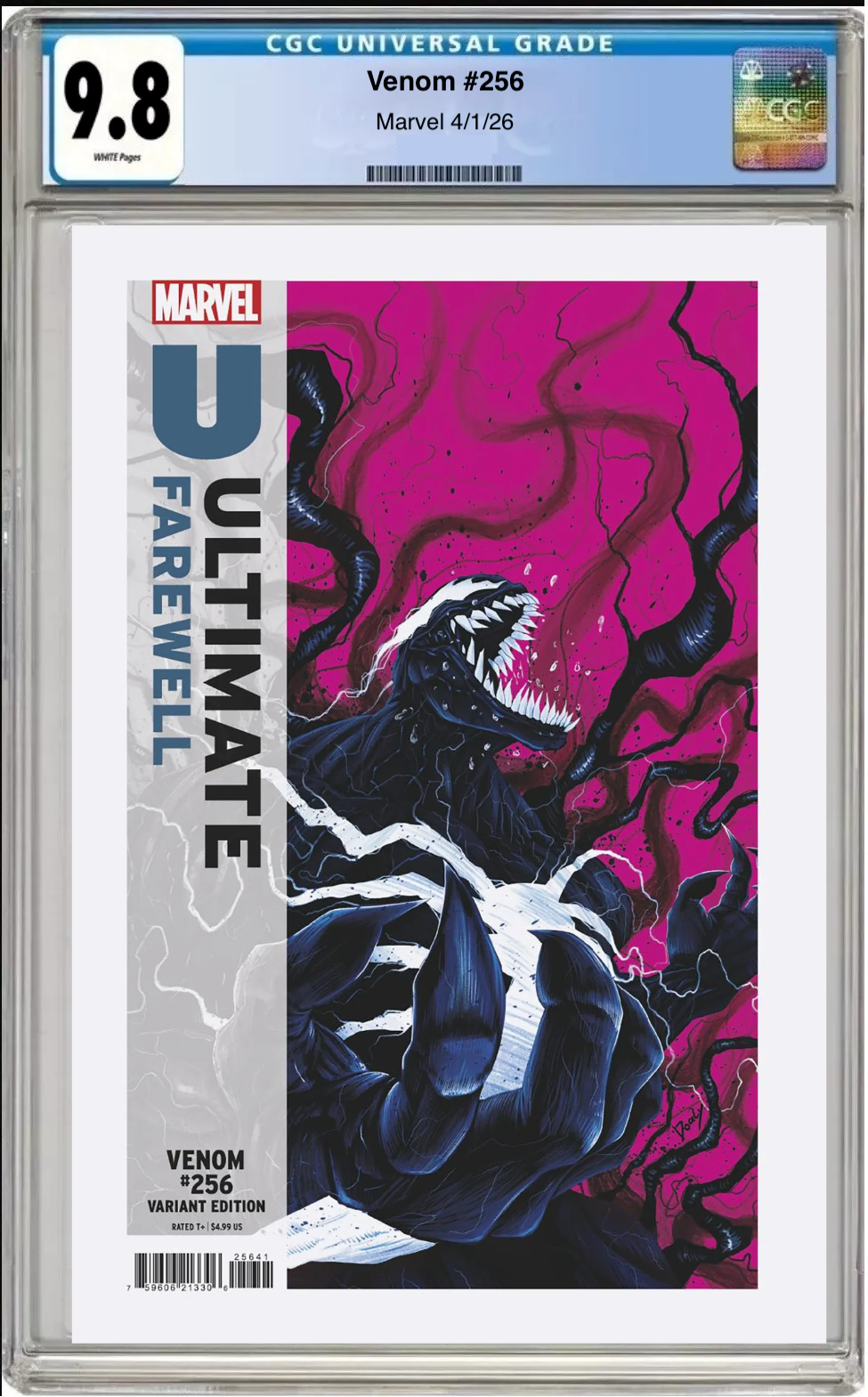 Comic book cover of Venom #256 Doaly Ultimate Farewell Cover with CGC grading label.
