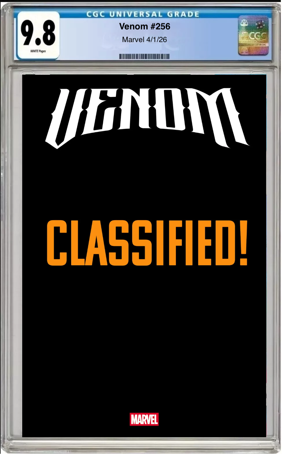 Comic book cover of Venom #256 Mark Bagley Classified Target Cover with CGC grading label.