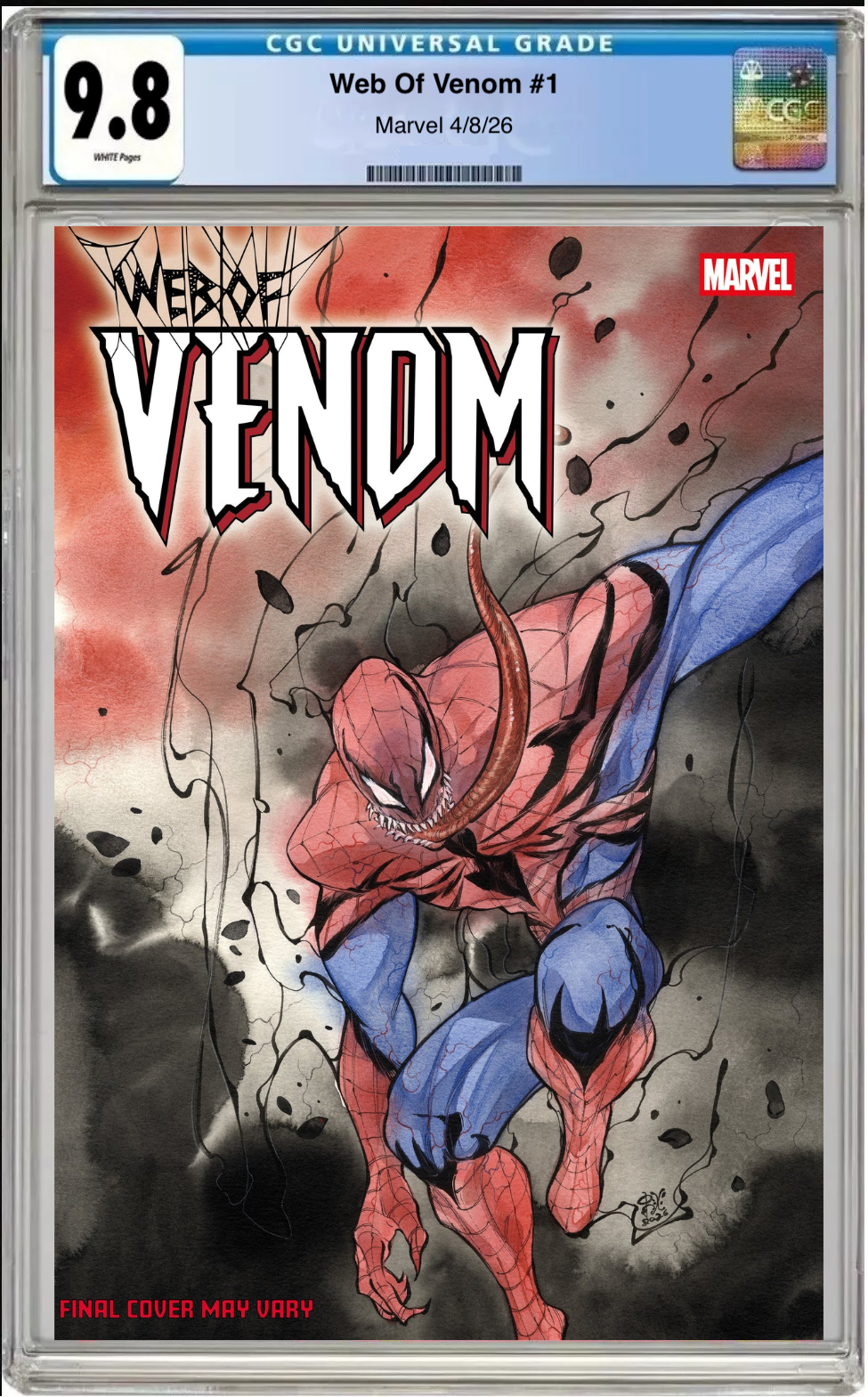 Comic book cover of Web of Venom #1 Peach Momoko Cover with CGC grading label.