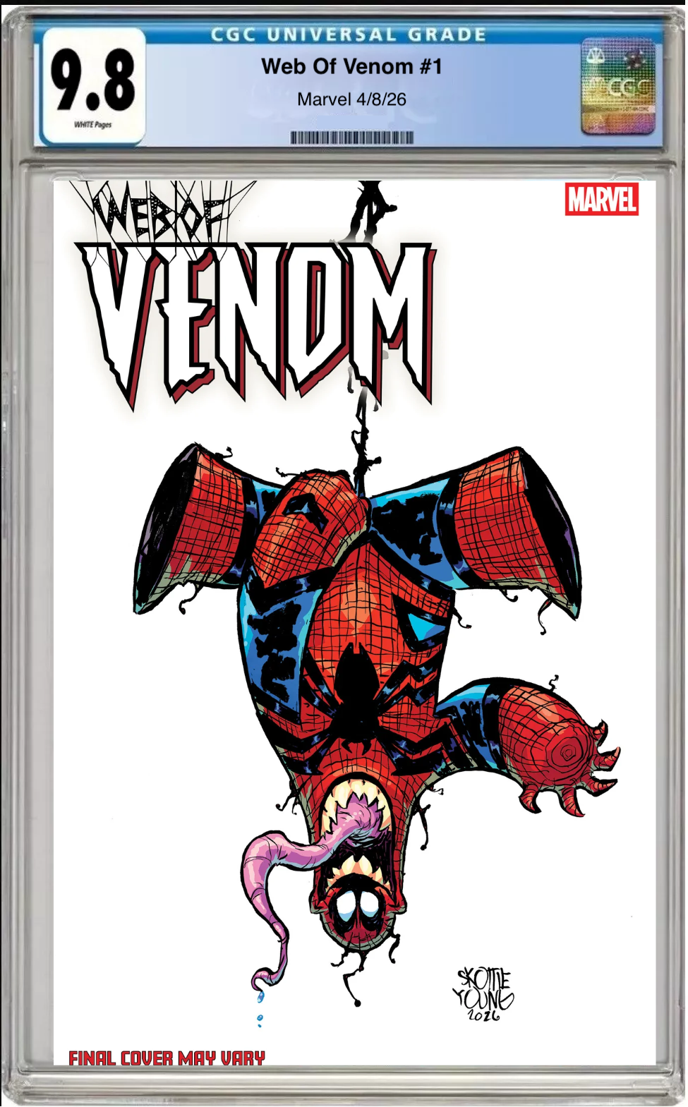 Comic book cover of Web of Venom #1 Skottie Young Cover with CGC grading label.

