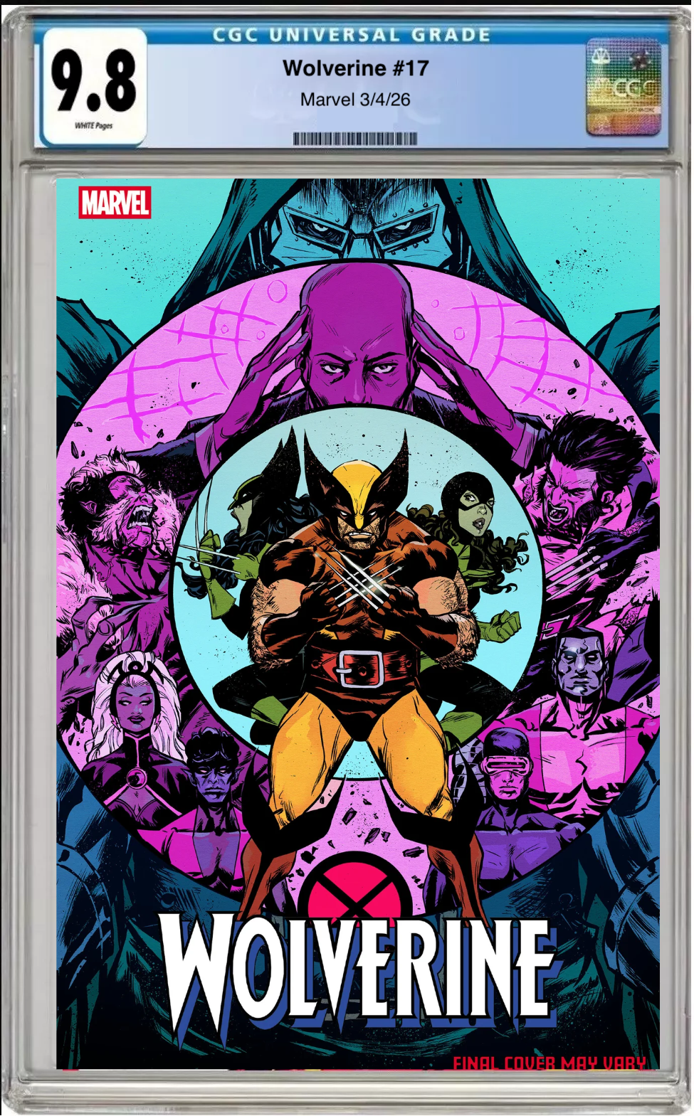 Comic book cover of Wolverine #17 Sanford Greene Doom Homage Cover with CGC grading label.